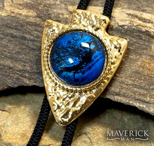 Hammered gold arrowhead bolo with sapphire blue hand painted stone - SET AVAILABLE