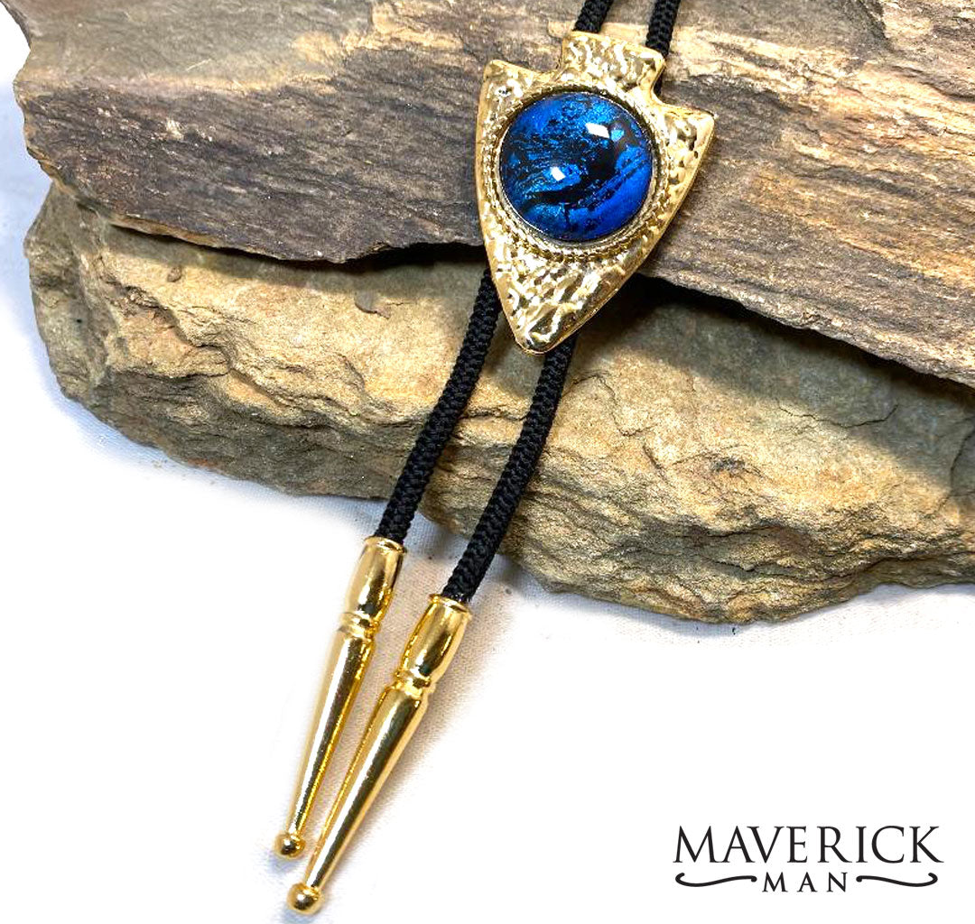 Hammered gold arrowhead bolo with sapphire blue hand painted stone - SET AVAILABLE