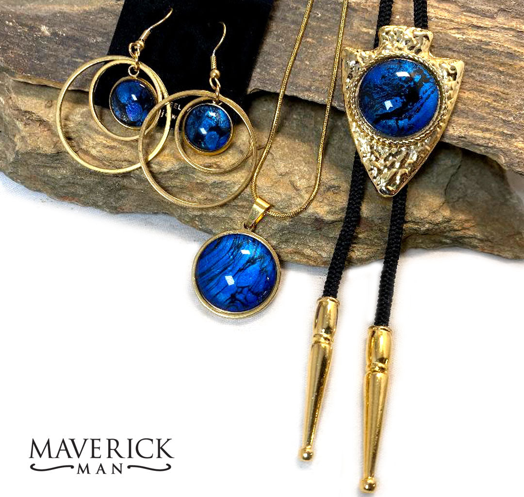 Hammered gold arrowhead bolo with sapphire blue hand painted stone - SET AVAILABLE