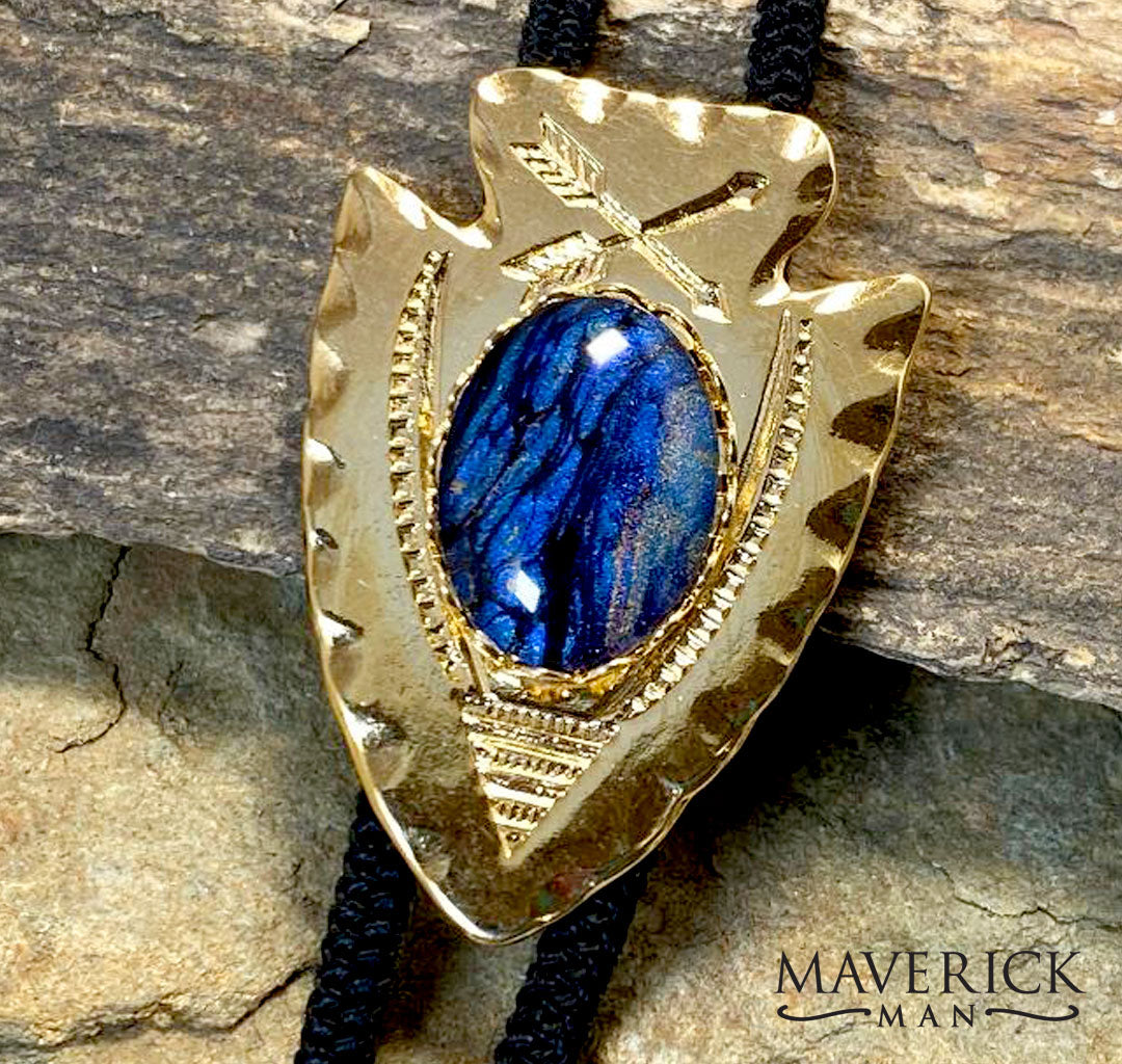 Classic gold arrowhead bolo with sapphire blue hand painted stone - SET AVAILABLE