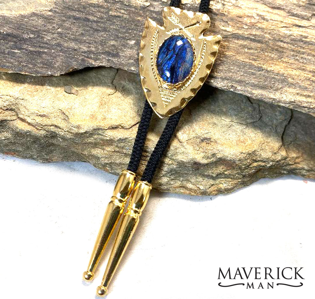 Classic gold arrowhead bolo with sapphire blue hand painted stone - SET AVAILABLE