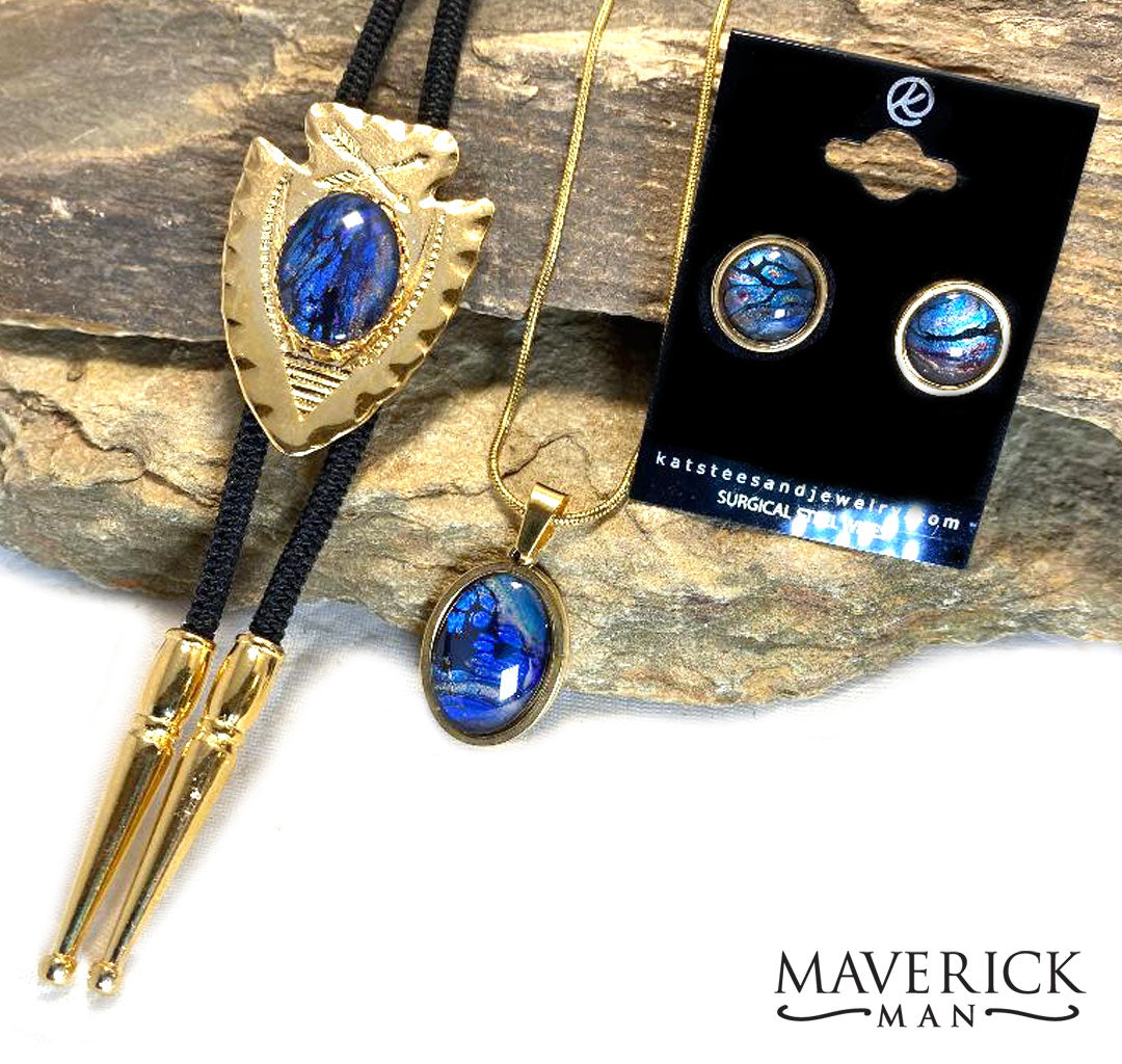 Classic gold arrowhead bolo with sapphire blue hand painted stone - SET AVAILABLE