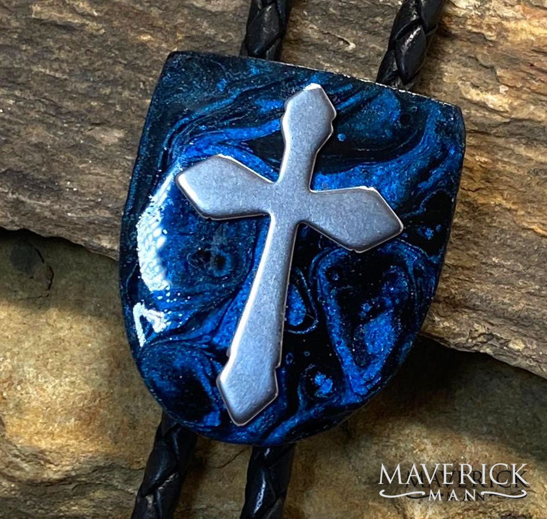 Rich blue bolo made from slate with stainless steel cross