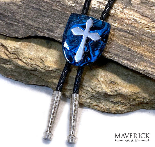 Rich blue bolo made from slate with stainless steel cross
