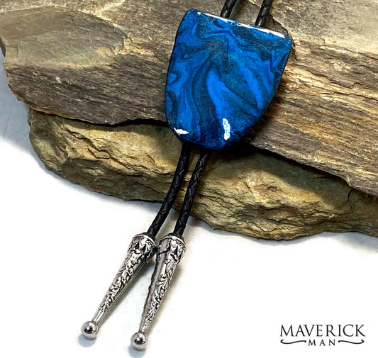 Extra large blue and black bolo made from slate with fancy tips