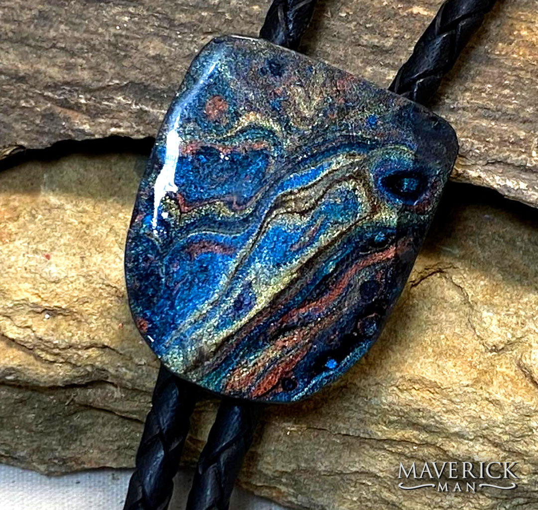 Hand painted bolo made from slate with blue earthtones