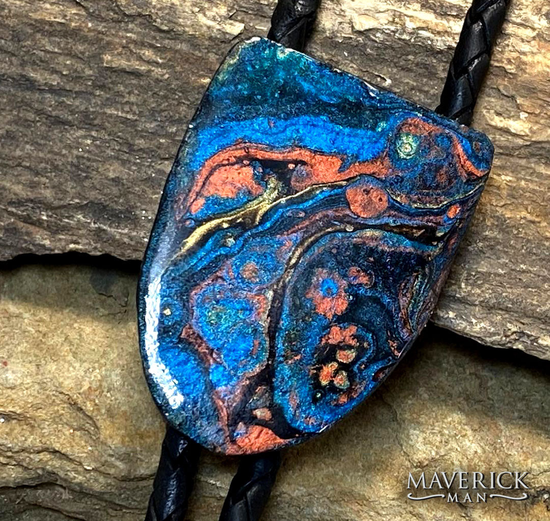 Unusual hand painted bolo made from slate with blue earthtones