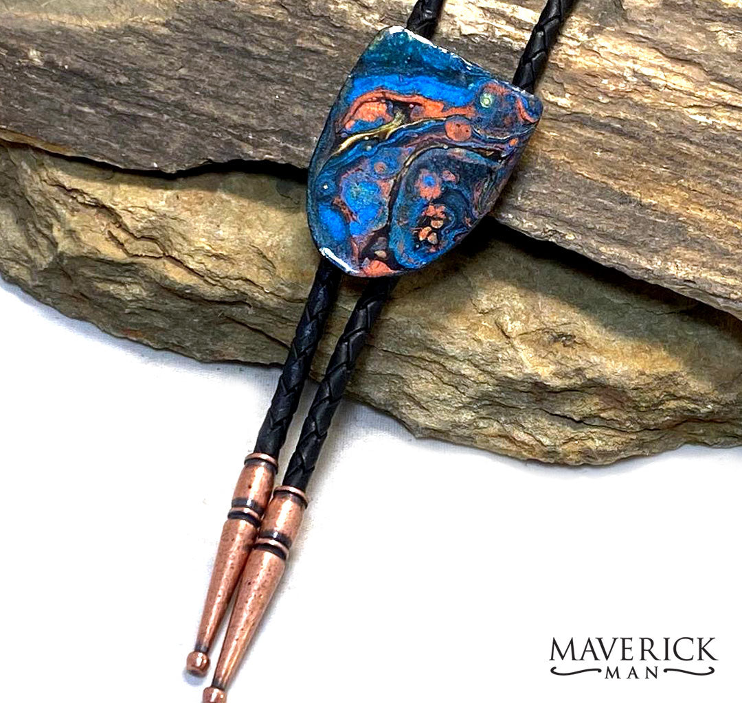 Unusual hand painted bolo made from slate with blue earthtones