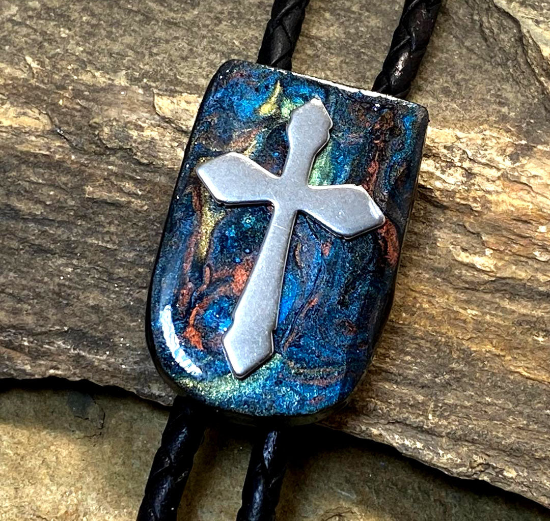 Slate bolo with hand painted stone in blue earthtones with stainless steel cross