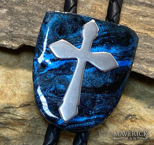 Blue and black bolo made from slate with stainless steel cross