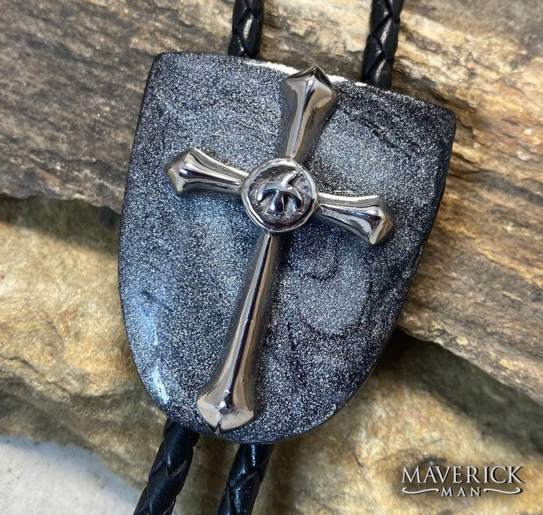 Eye-catching black and platinum hand painted bolo made from slate