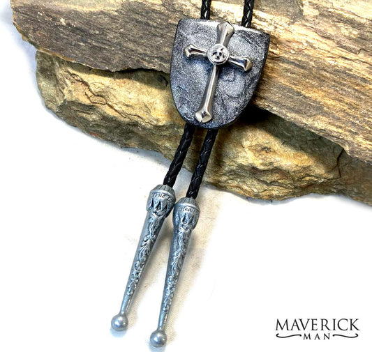 Eye-catching black and platinum hand painted bolo made from slate