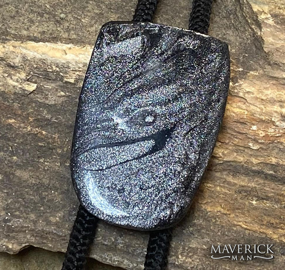 Small black and platinum hand painted bolo made from slate
