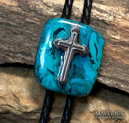 Small hand painted turquoise slate bolo with stainless steel cross