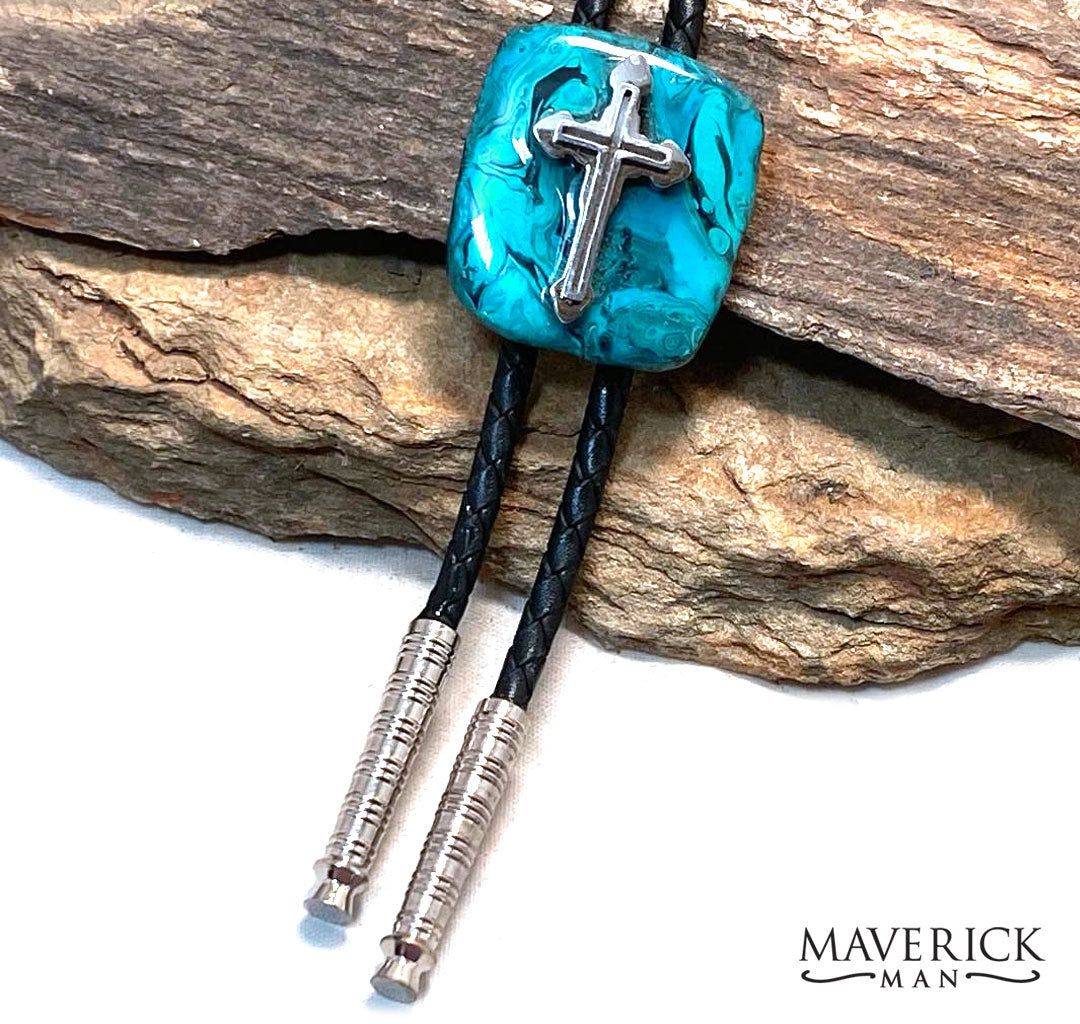 Small hand painted turquoise slate bolo with stainless steel cross