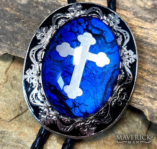 Silver and black buckle with silver cross inlay on hand painted stone - SET AVAILABLE