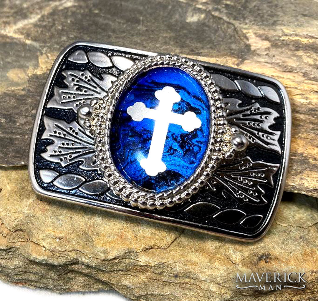 Silver and black buckle with silver cross inlay on hand painted stone - SET AVAILABLE