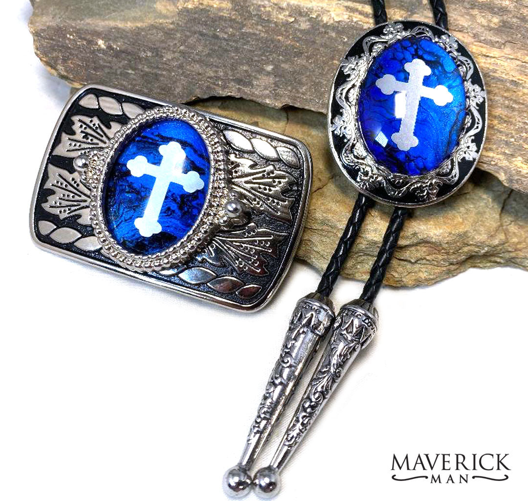 Silver and black buckle with silver cross inlay on hand painted stone - SET AVAILABLE