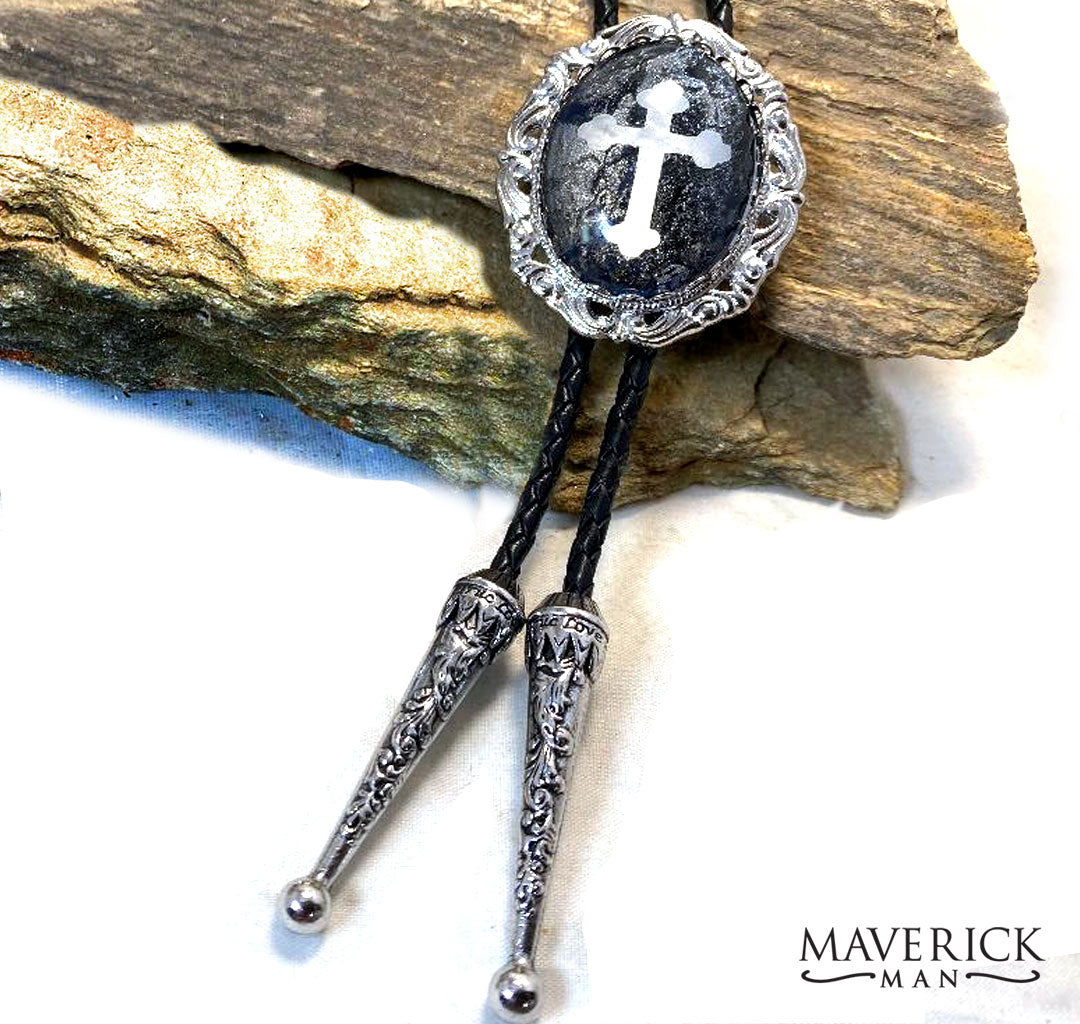 Silver dressy bolo with black and platinum hand painted stone - SET AVAILABLE
