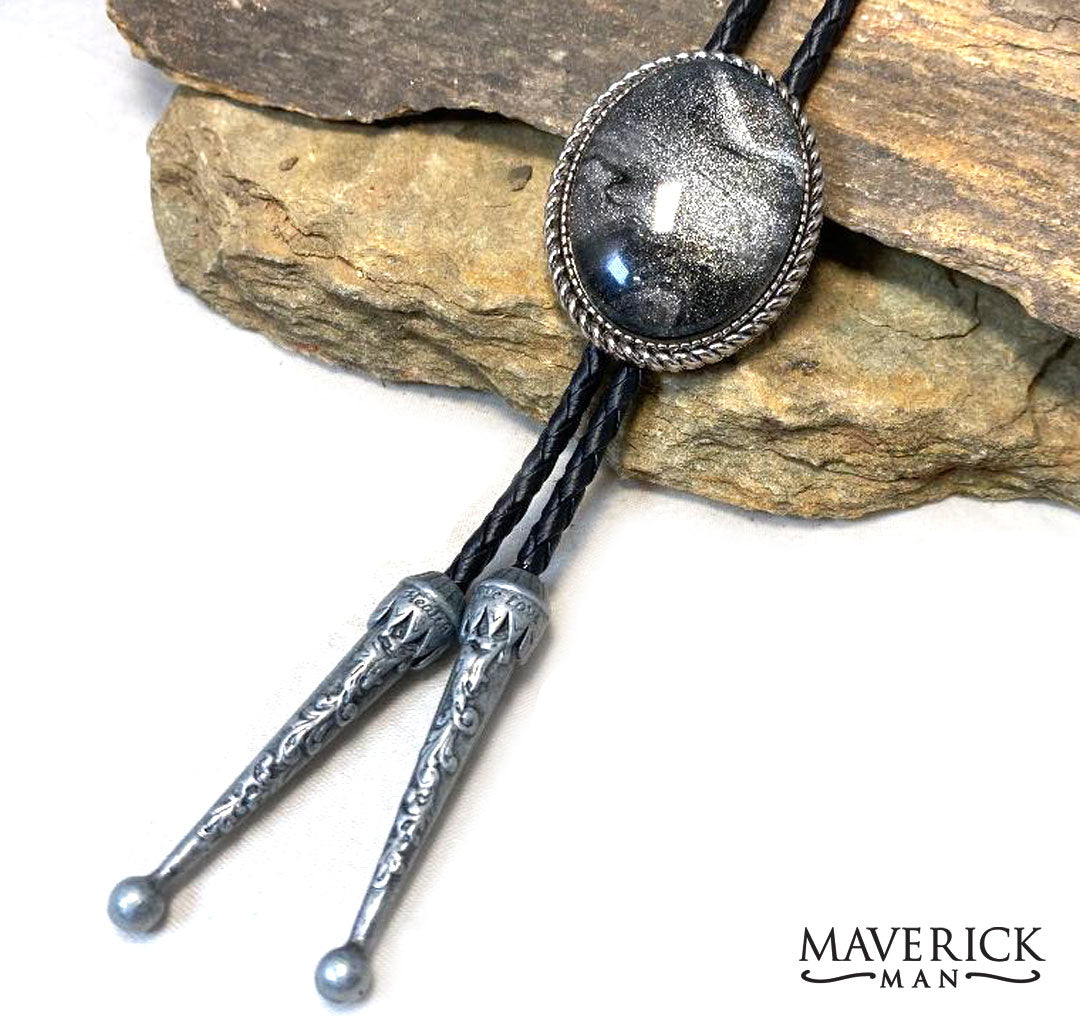 Beaded silver bolo with black and platinum hand painted stone - SET AVAILABLE