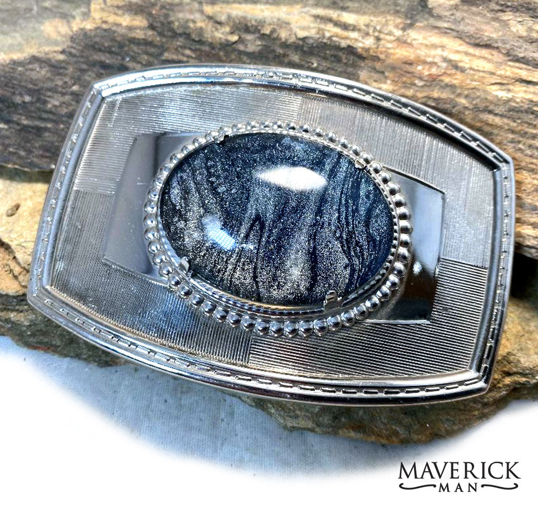 Handsome silver buckle with black and platinum hand painted stone - SET AVAILABLE