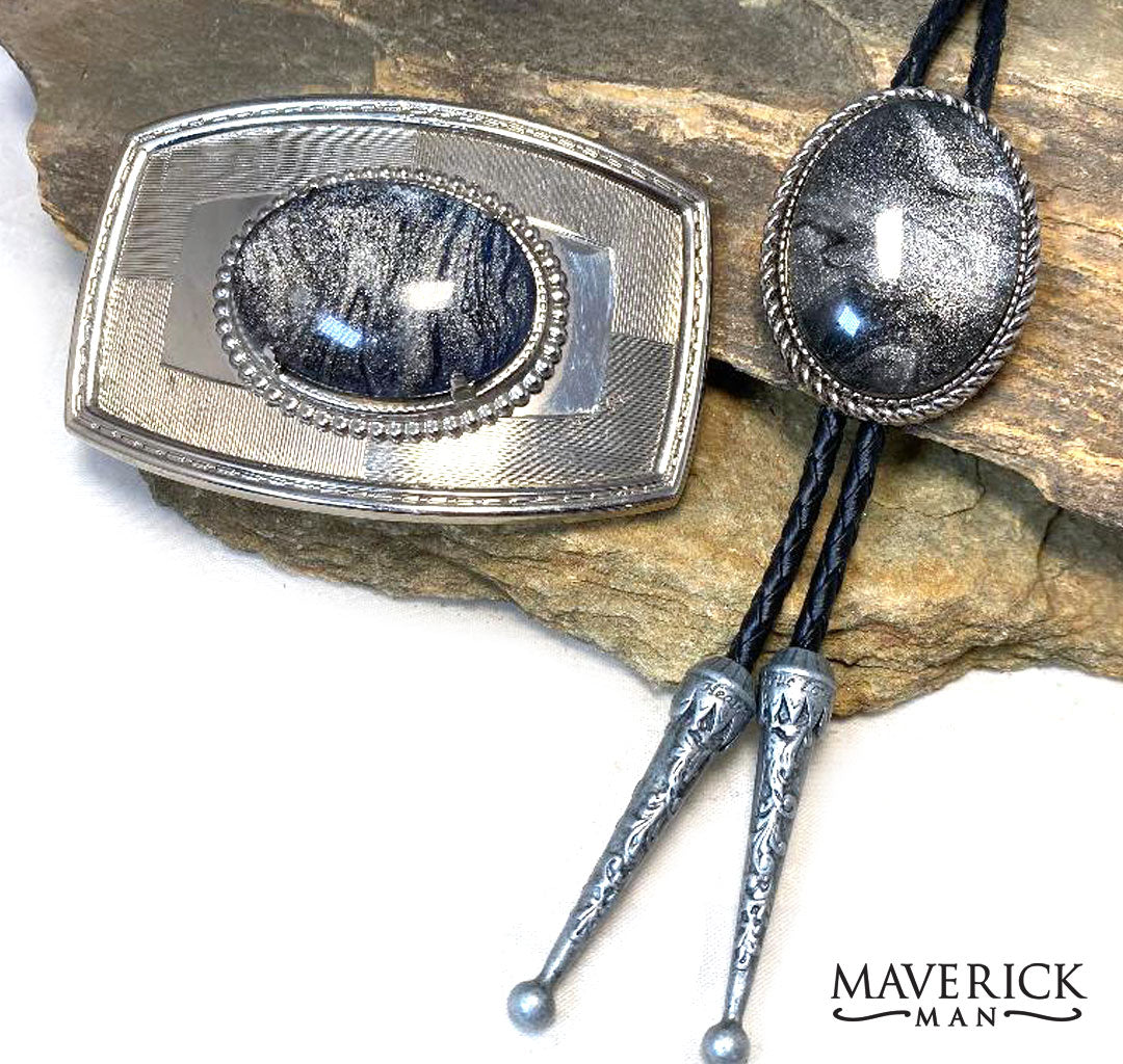 Handsome silver buckle with black and platinum hand painted stone - SET AVAILABLE