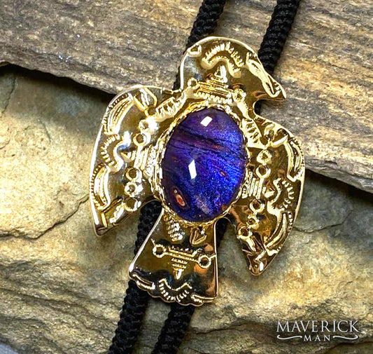 Golden thunderbird bolo with hand painted purple stone