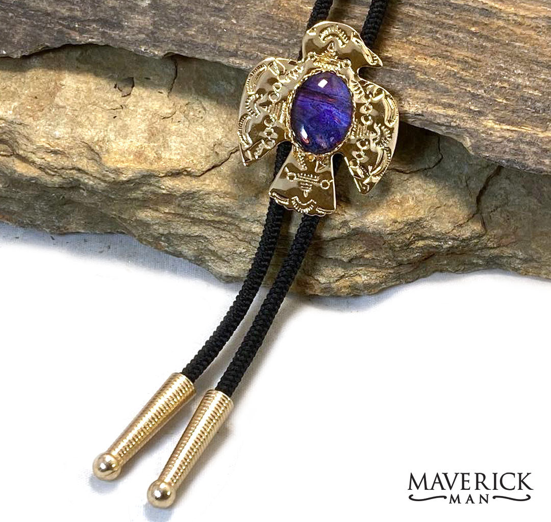Golden thunderbird bolo with hand painted purple stone