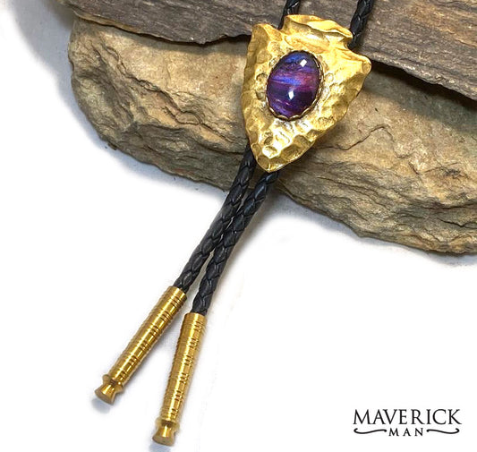 Hammered golden arrowhead bolo with hand painted purple stone