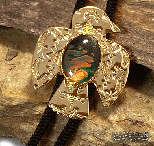 Golden thunderbird bolo with hand painted stone in green earthtones
