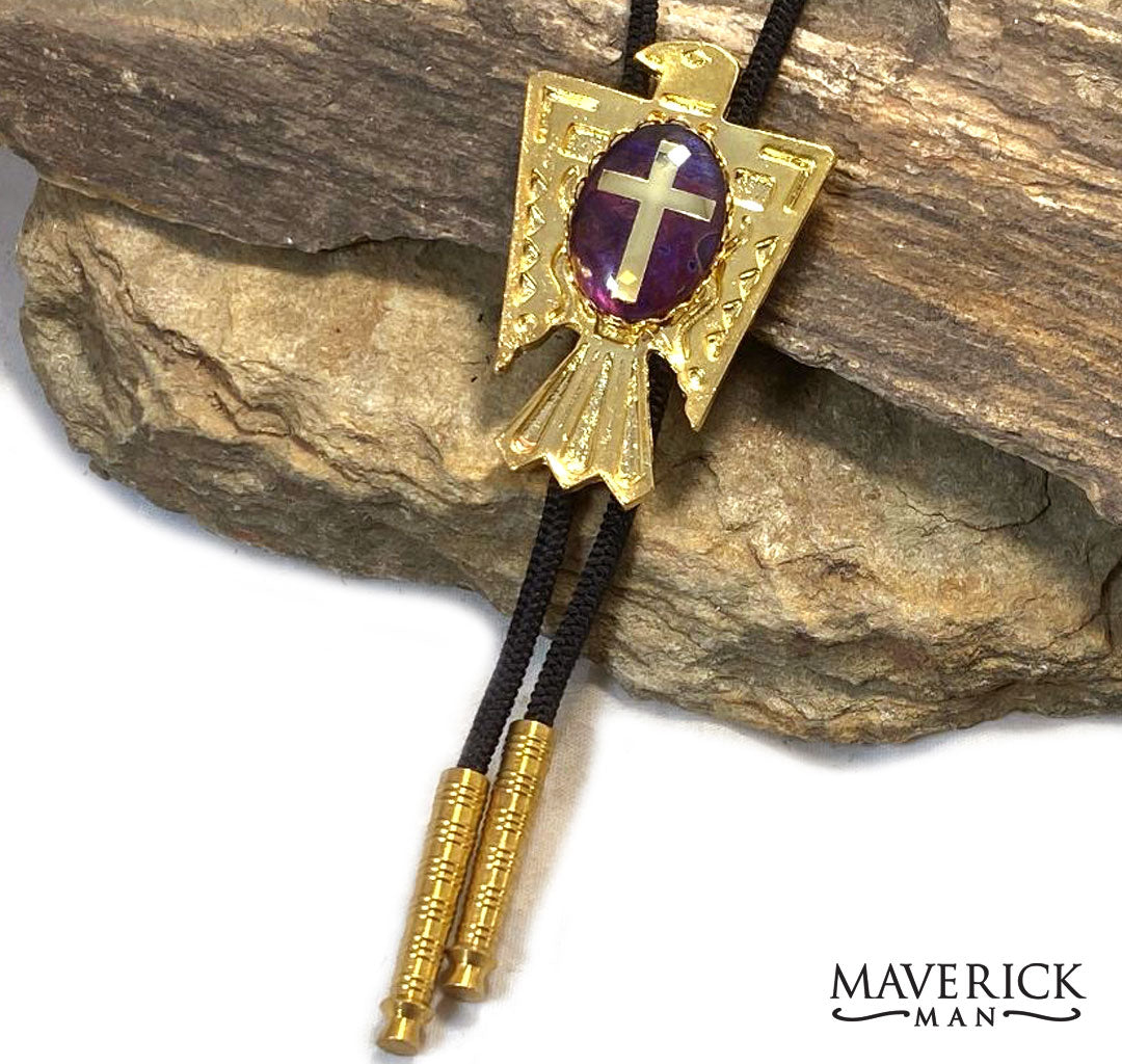 Golden thunderbird bolo with hand painted purple stone