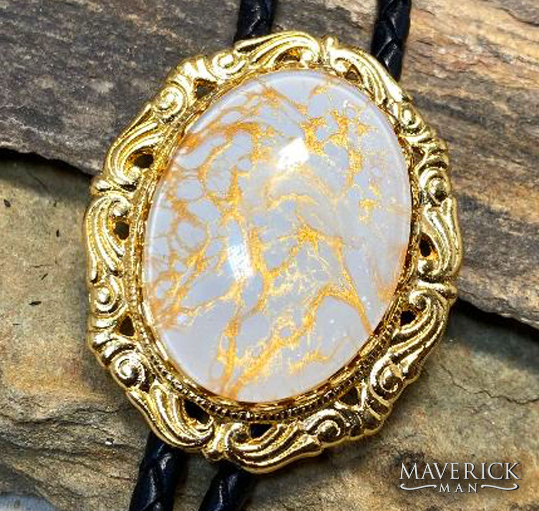Large dressy gold bolo with gold and white hand painted stone