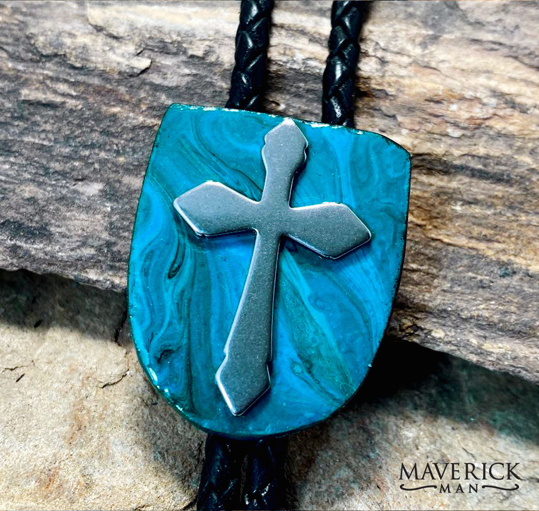 Turquoise bolo made from slate with stainless steel cross