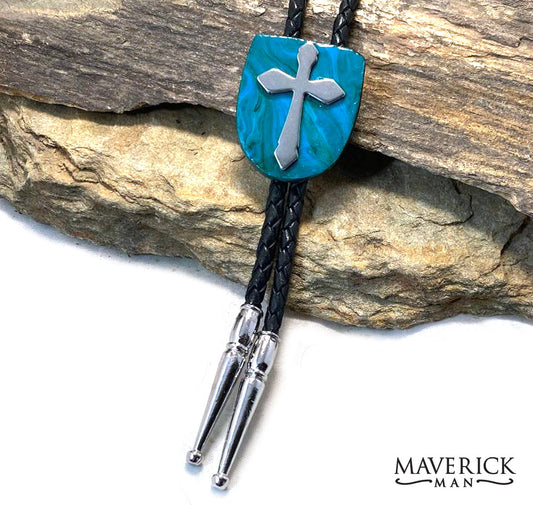 Turquoise bolo made from slate with stainless steel cross
