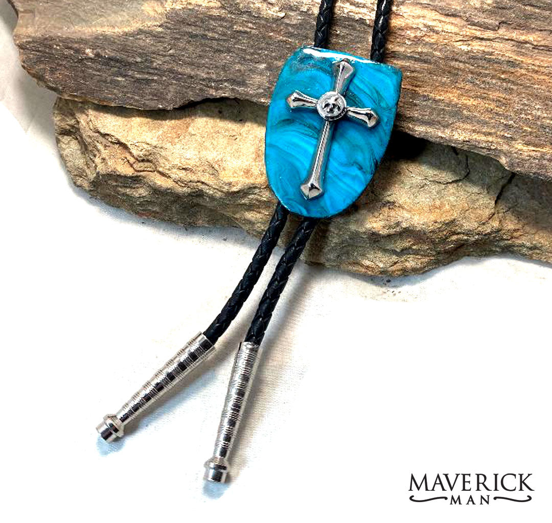 Turquoise bolo made from slate with stainless steel cross