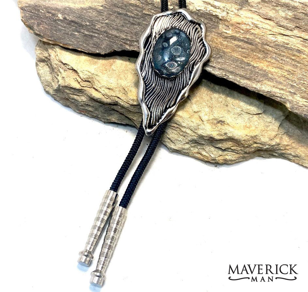 Top-selling black and platinum hand painted stone in our modern feather bolo