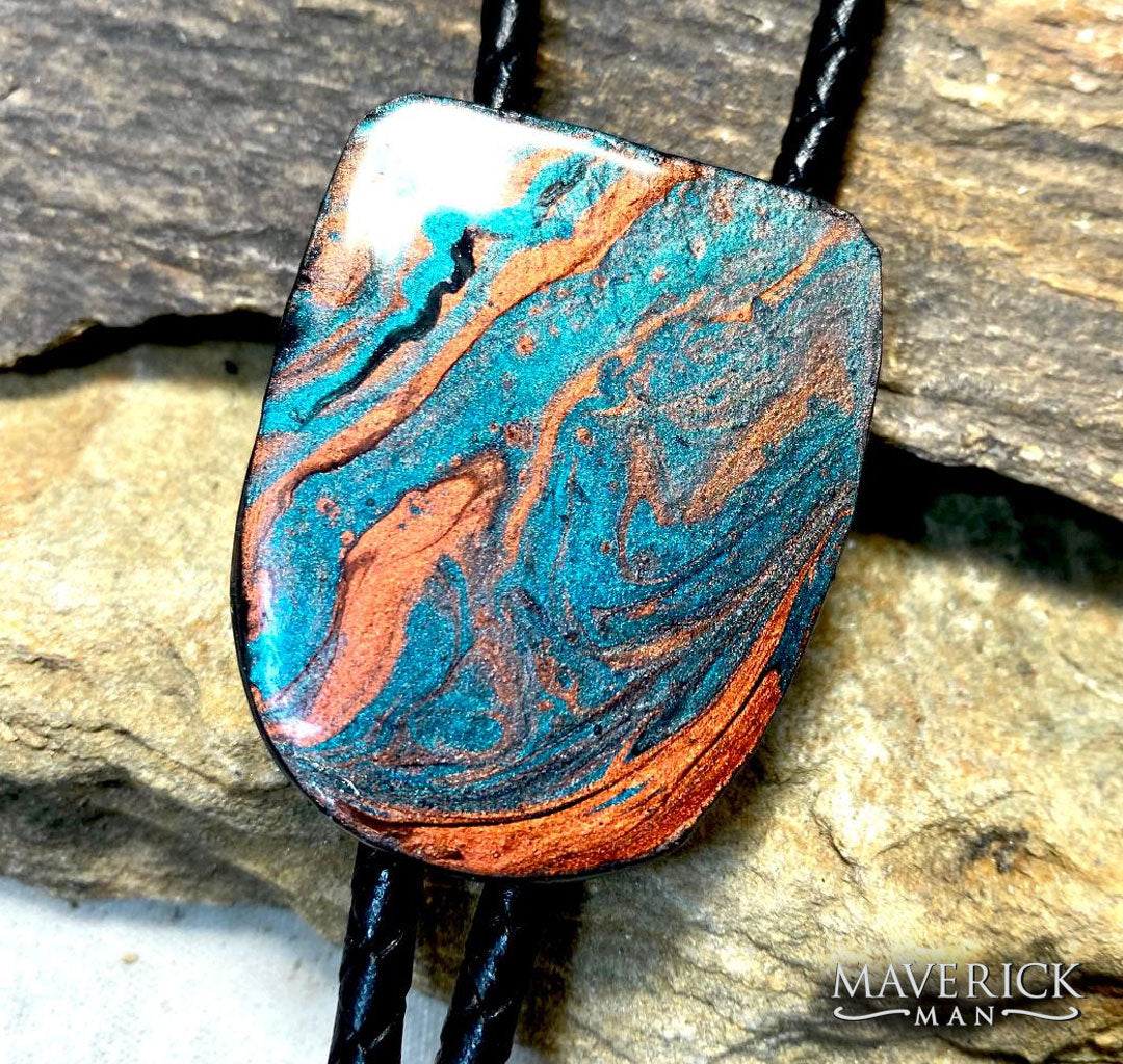 Handsome copper and metallic turquoise bolo made from slate