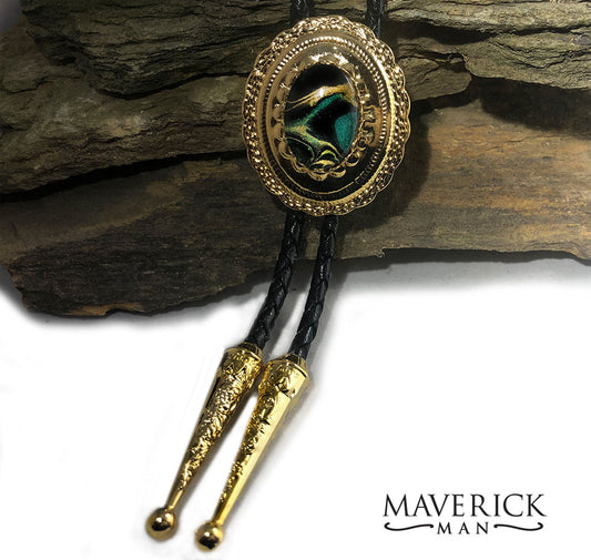 Gold concho with hand painted stone in metallic green, gold and black