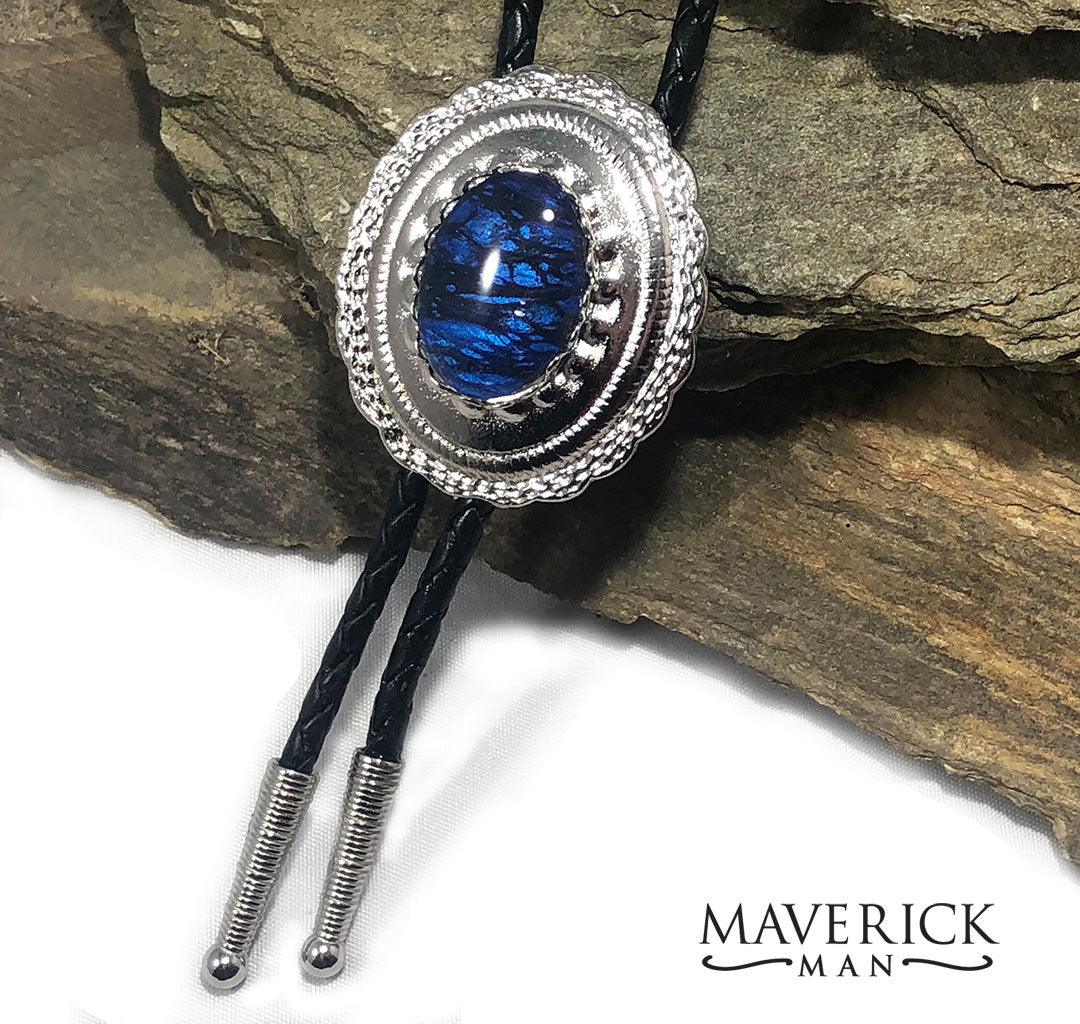 Handsome concho bolo with metallic blue and black stone