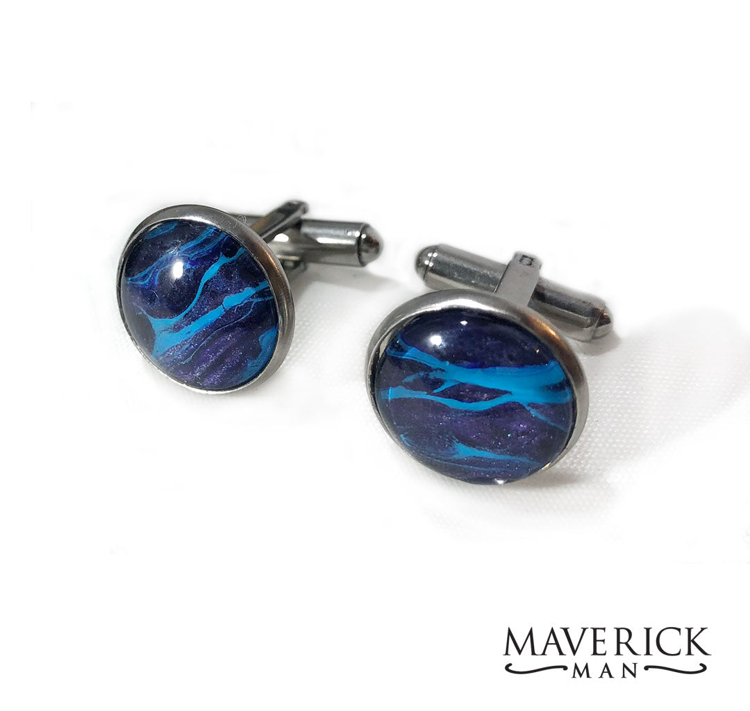 Hand painted cuff links in turquoise and metallic purple