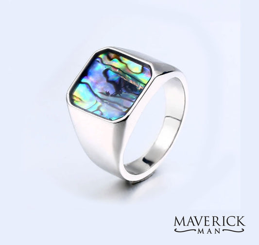 Titanium ring with inlaid abalone shell