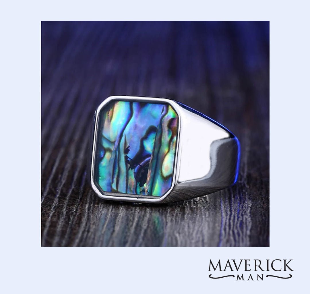 Titanium ring with inlaid abalone shell