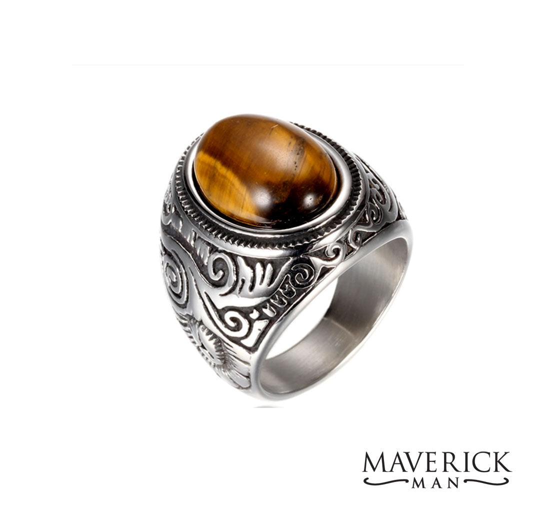 Handsome titanium stainless steel ring with genuine tiger eye stone
