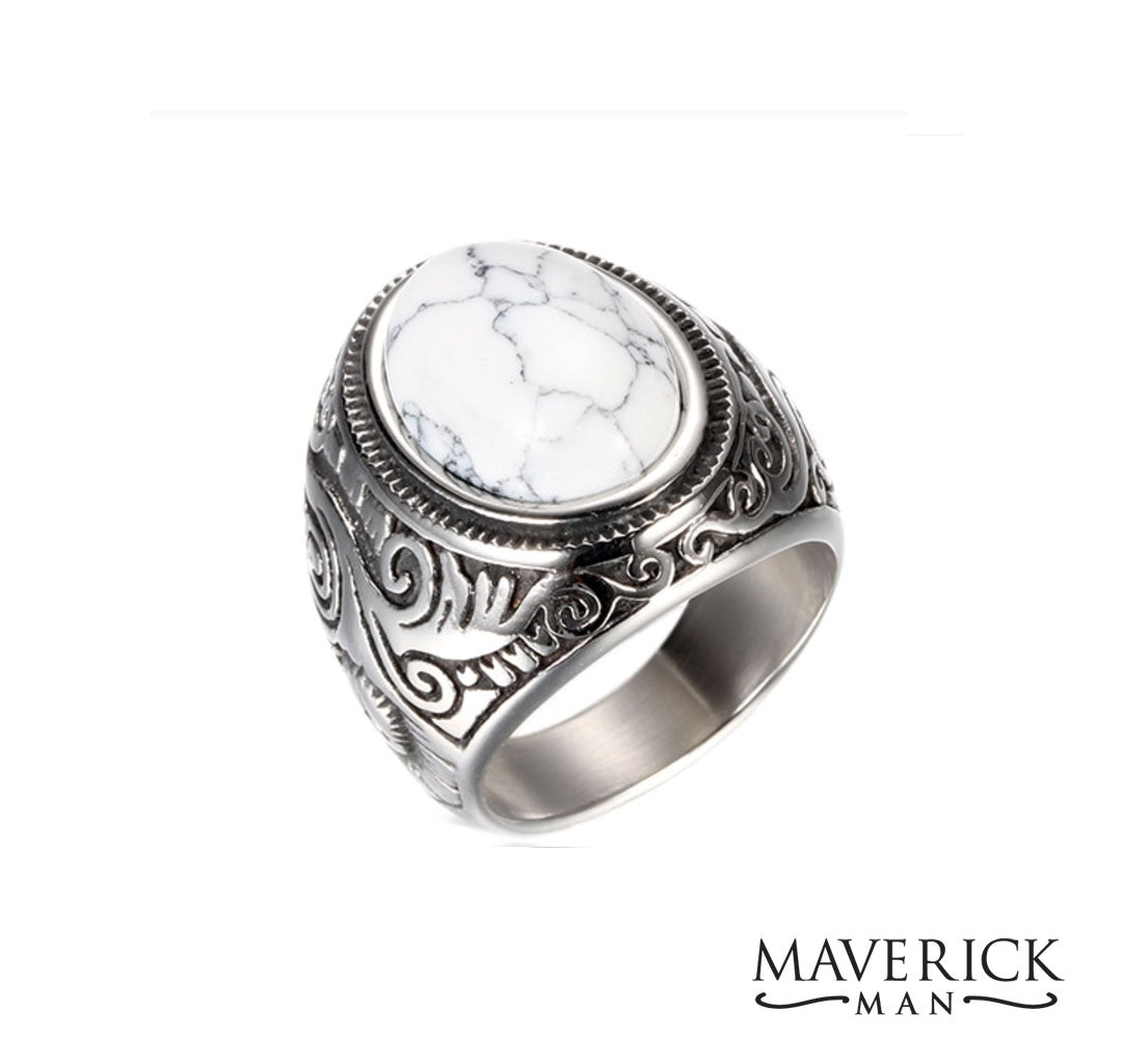 Solid stainless steel ring w white turquoise stone (howlite)