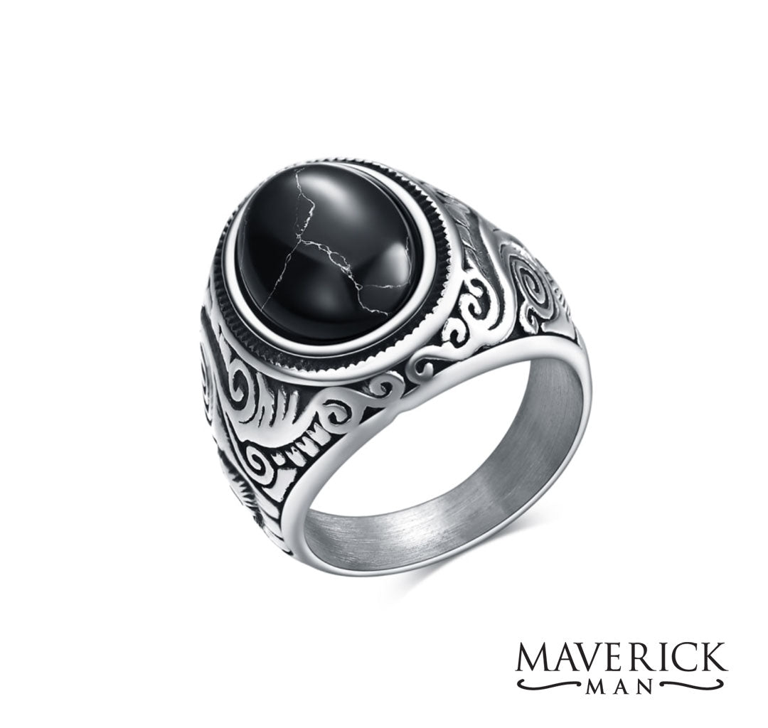 Titanium stainless steel ring with genuine black onyx stone