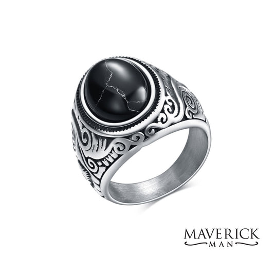 Titanium stainless steel ring with genuine black onyx stone