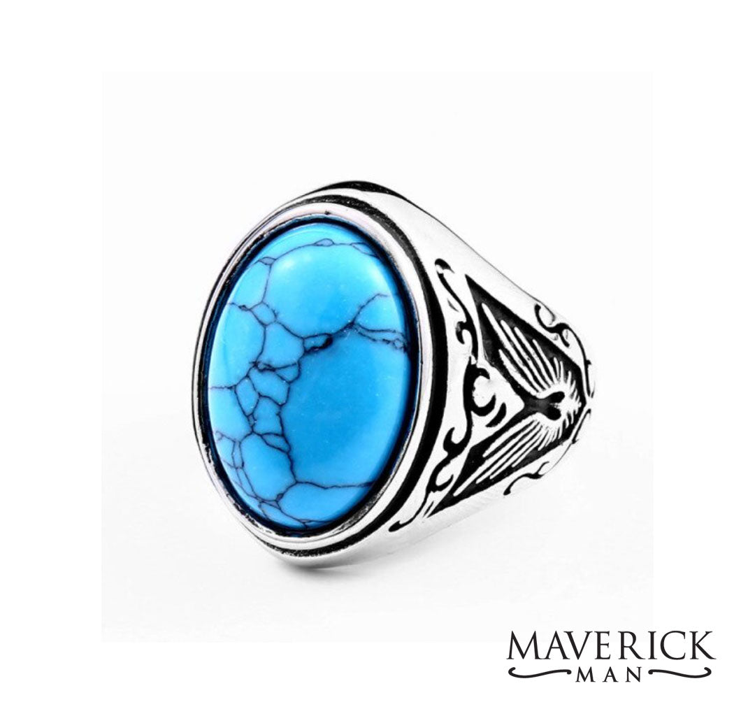 Mens titanium steel ring with faux turquoise (real stone)