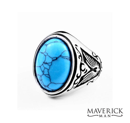 Mens titanium steel ring with faux turquoise (real stone)
