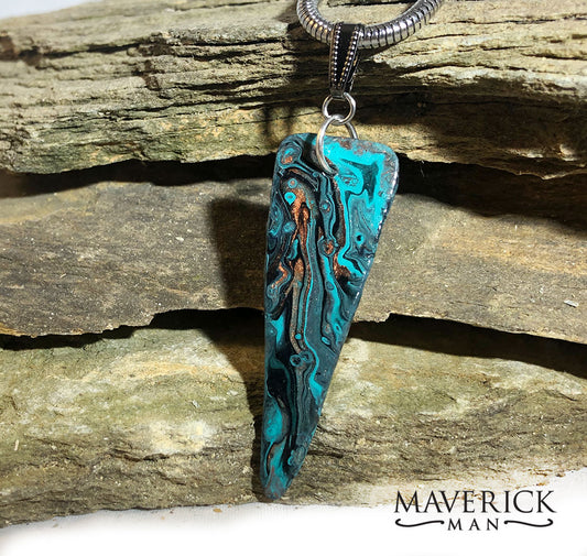 Eye-catching turquoise and black slate pendant with copper accents