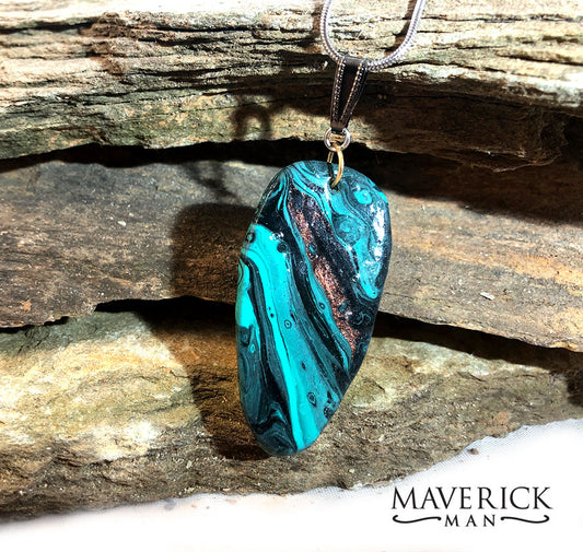 Handsome turquoise and black slate pendant with copper accents